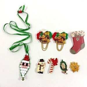 Vintage Christmas Holiday Brooch Lot Santa, Snowman, Candy Cane, Bells, Avon Set